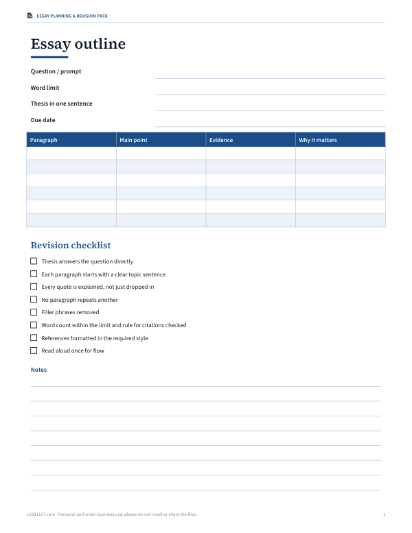 Preview of Printable Essay Outline and Revision Checklist